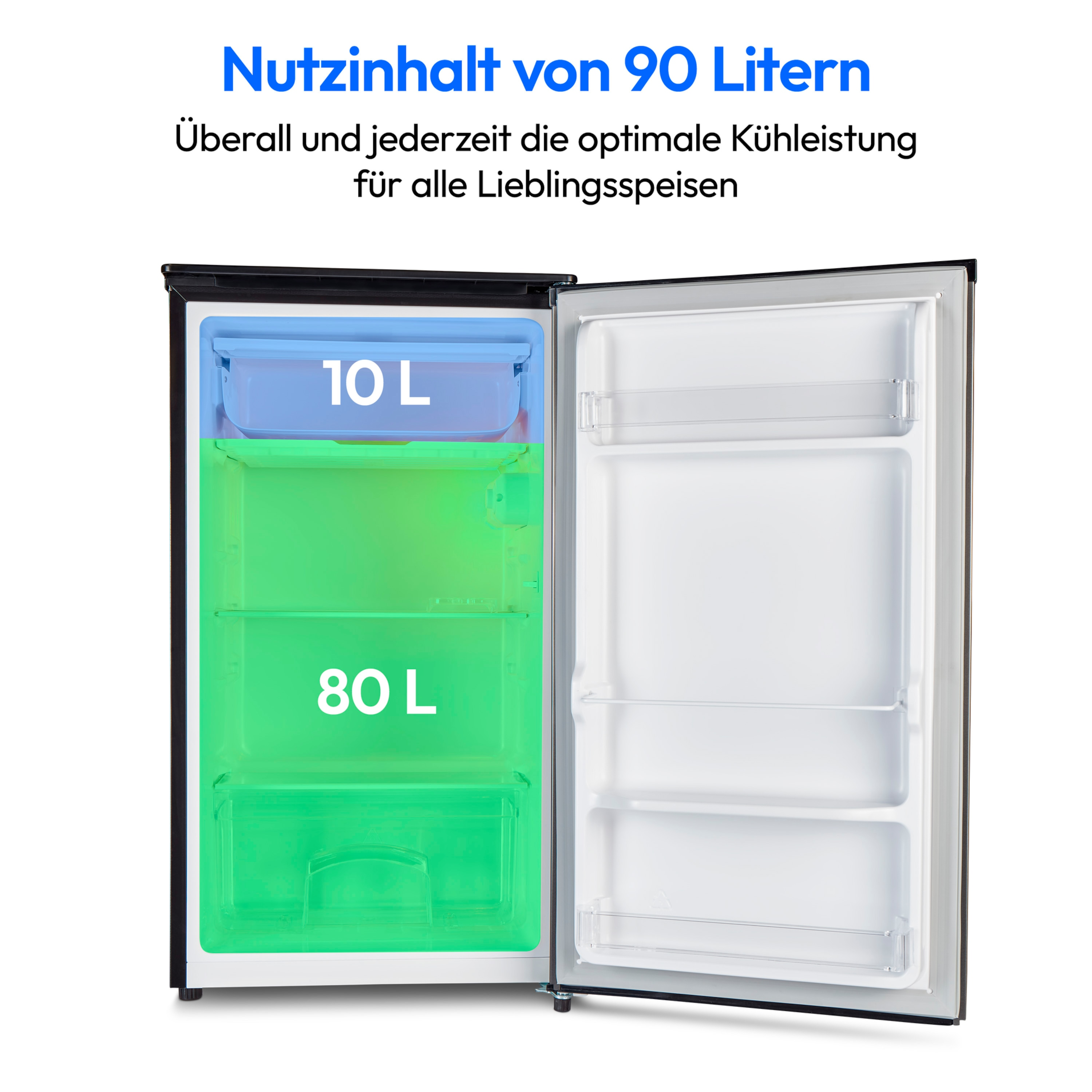 Een open zwarte mini-koelkast met blauwe en groene compartimenten met tekst.