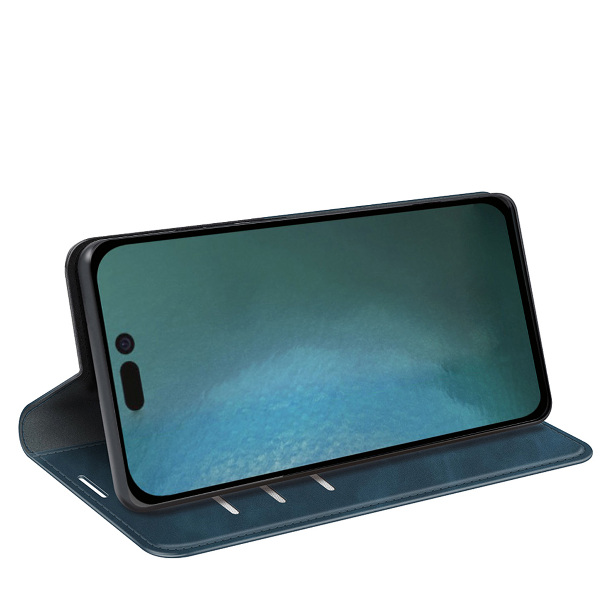 Een telefoon in een blauwe hoes is omhooggeklapt, met het scherm naar de kijker gericht.