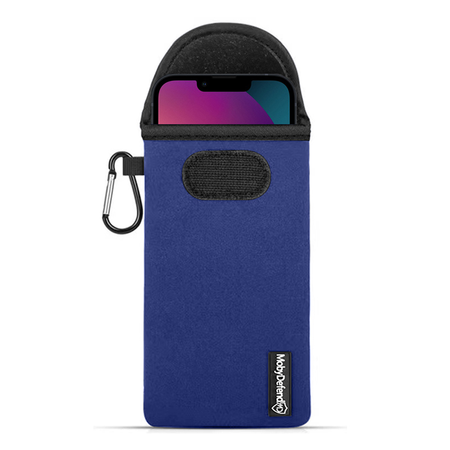 Blauwe telefoonhoes met een zwarte bovenkant en een karabijnhaak.
