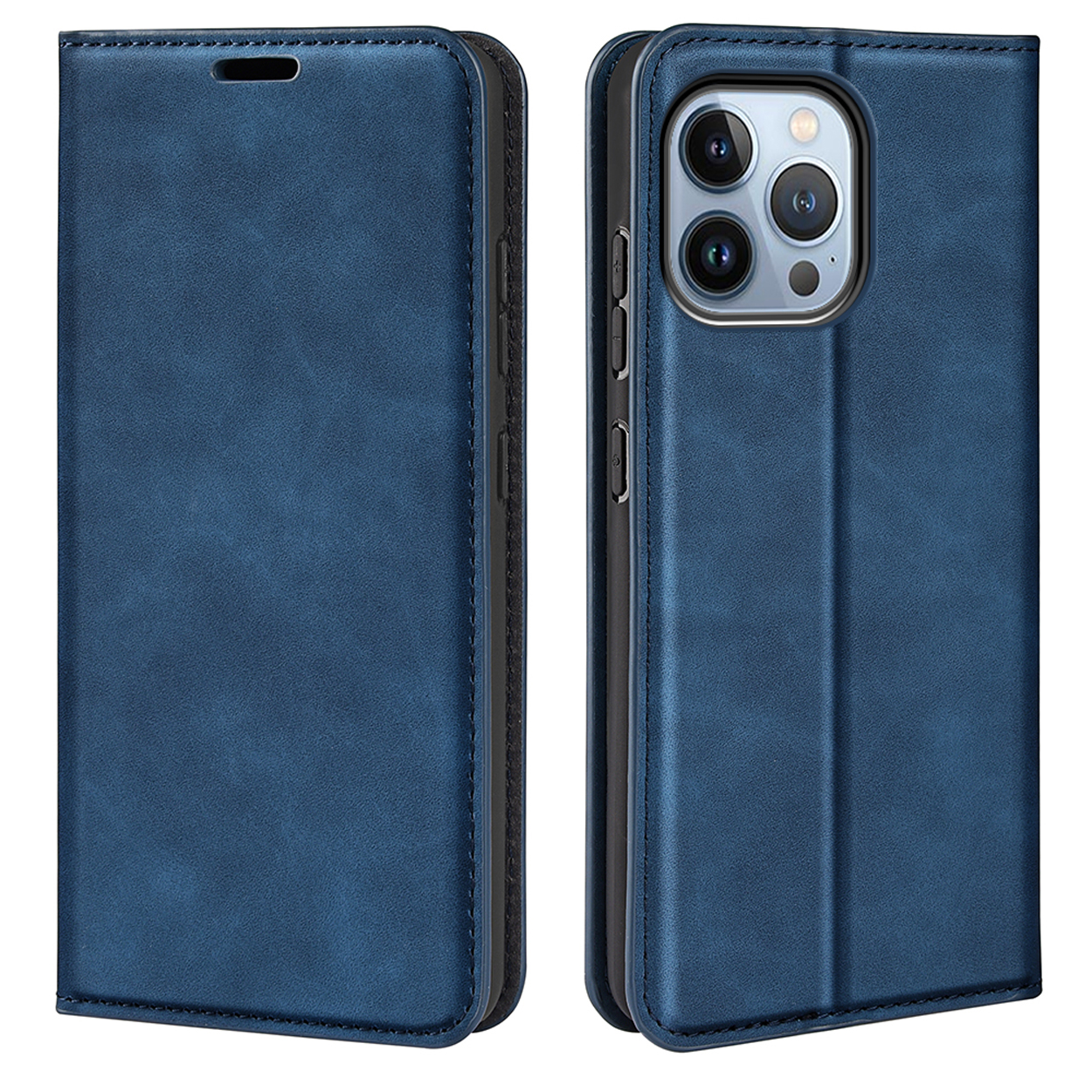 Een blauwe telefoonhoes gesloten, met een telefoon erin. De hoes is leerachtig.