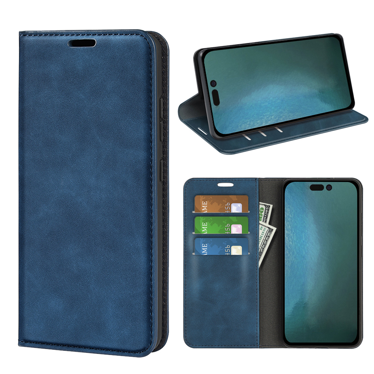 Blauwe telefoonhoes met telefoon, kaarten en geld erin. Meerdere weergaven op witte achtergrond.