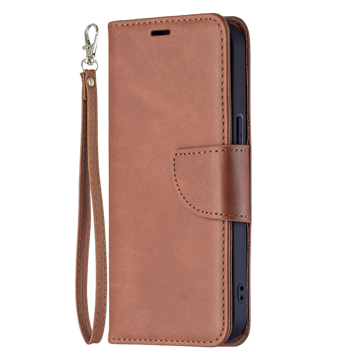 Bruine leren telefoonhoes met telefoon erin en een riem. De hoes is gesloten.