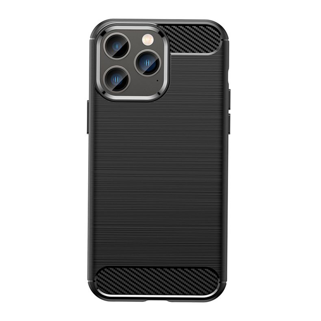 Zwarte telefoonhoes met een getextureerd oppervlak. De hoes heeft een cameramodule en uitsparingen voor knoppen. De hoes staat op een witte achtergrond.