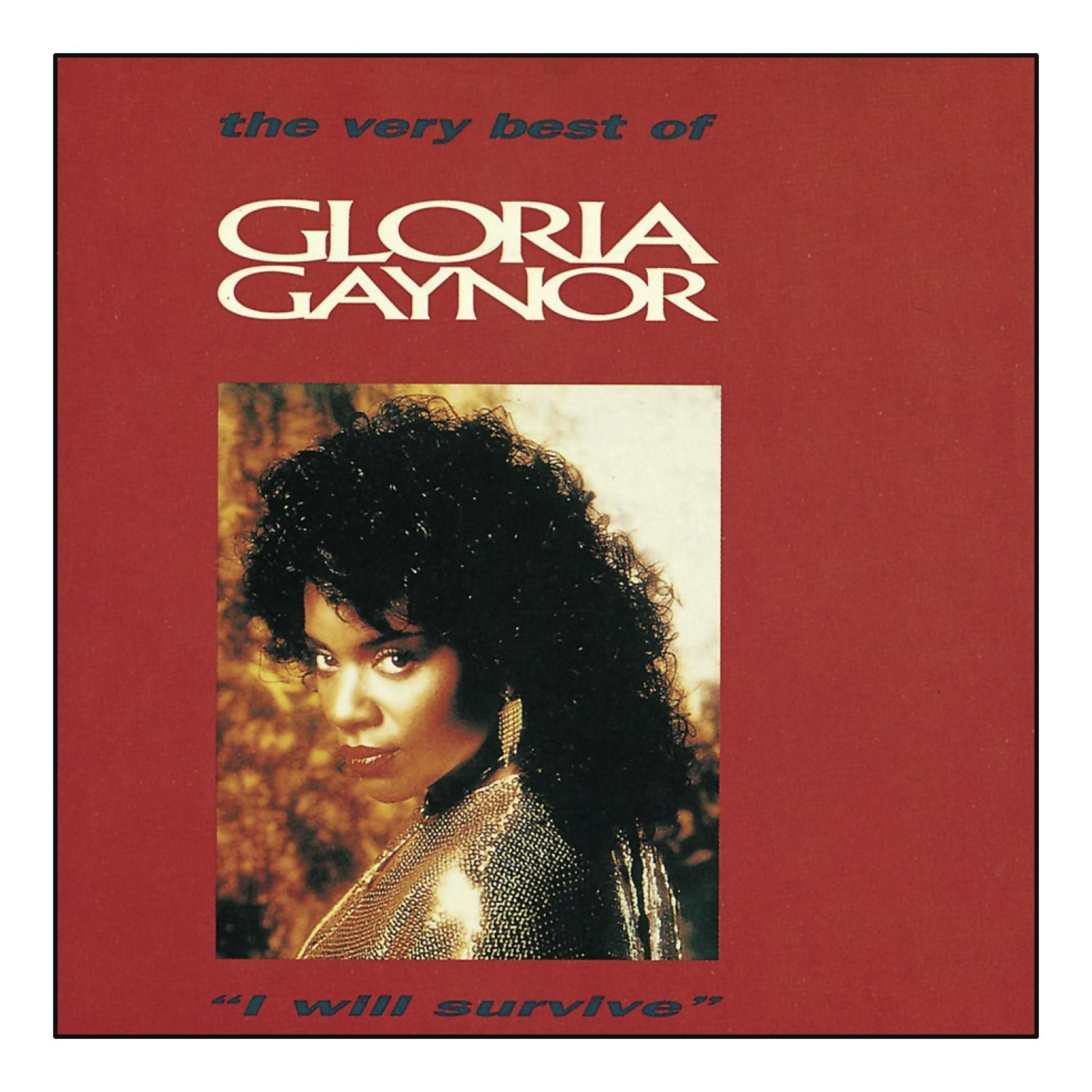 Albumhoes: Gloria Gaynor, met tekst, rode achtergrond en een foto van de zangeres.