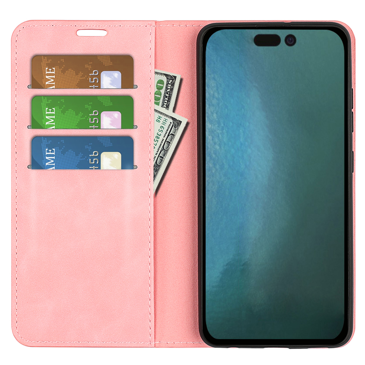 Roze telefoonhoes, open, met telefoon, kaarten en contant geld. De telefoon zit in de hoes.