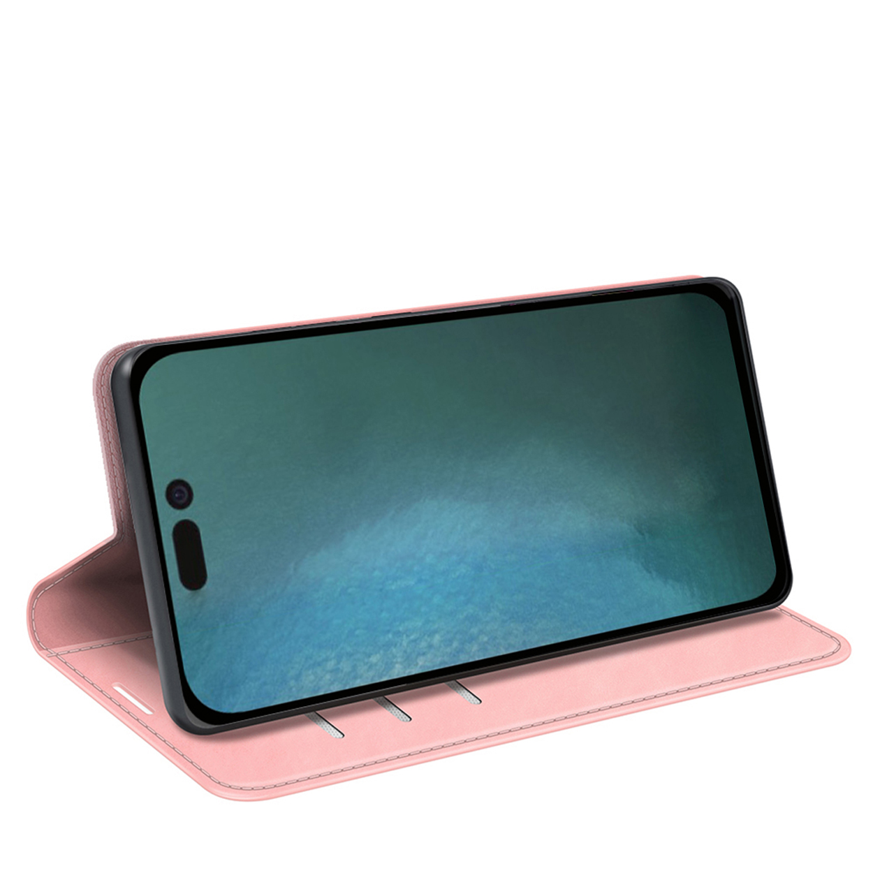 Roze telefoonhoes open, met een telefoon die een scherm met een roze verloop weergeeft.