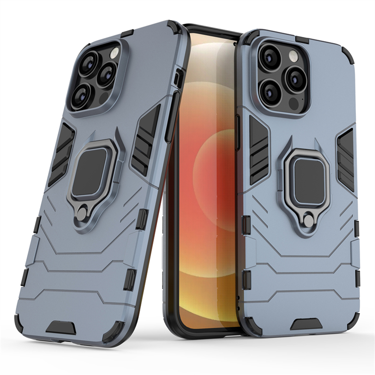 Twee grijze telefoonhoesjes met een ringhouder op de achterkant. Een telefoon met een scherm staat in het midden. De hoesjes hebben een gestructureerd ontwerp.