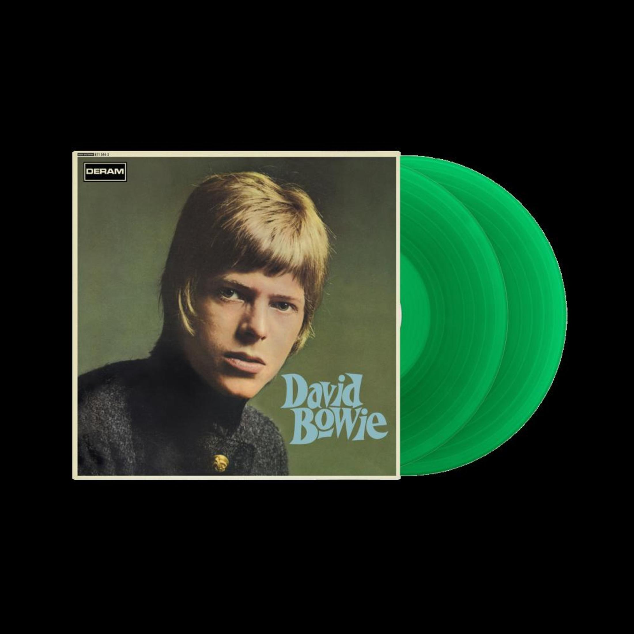 Portada del álbum de David Bowie. Retrato de Bowie y discos de vinilo verdes.