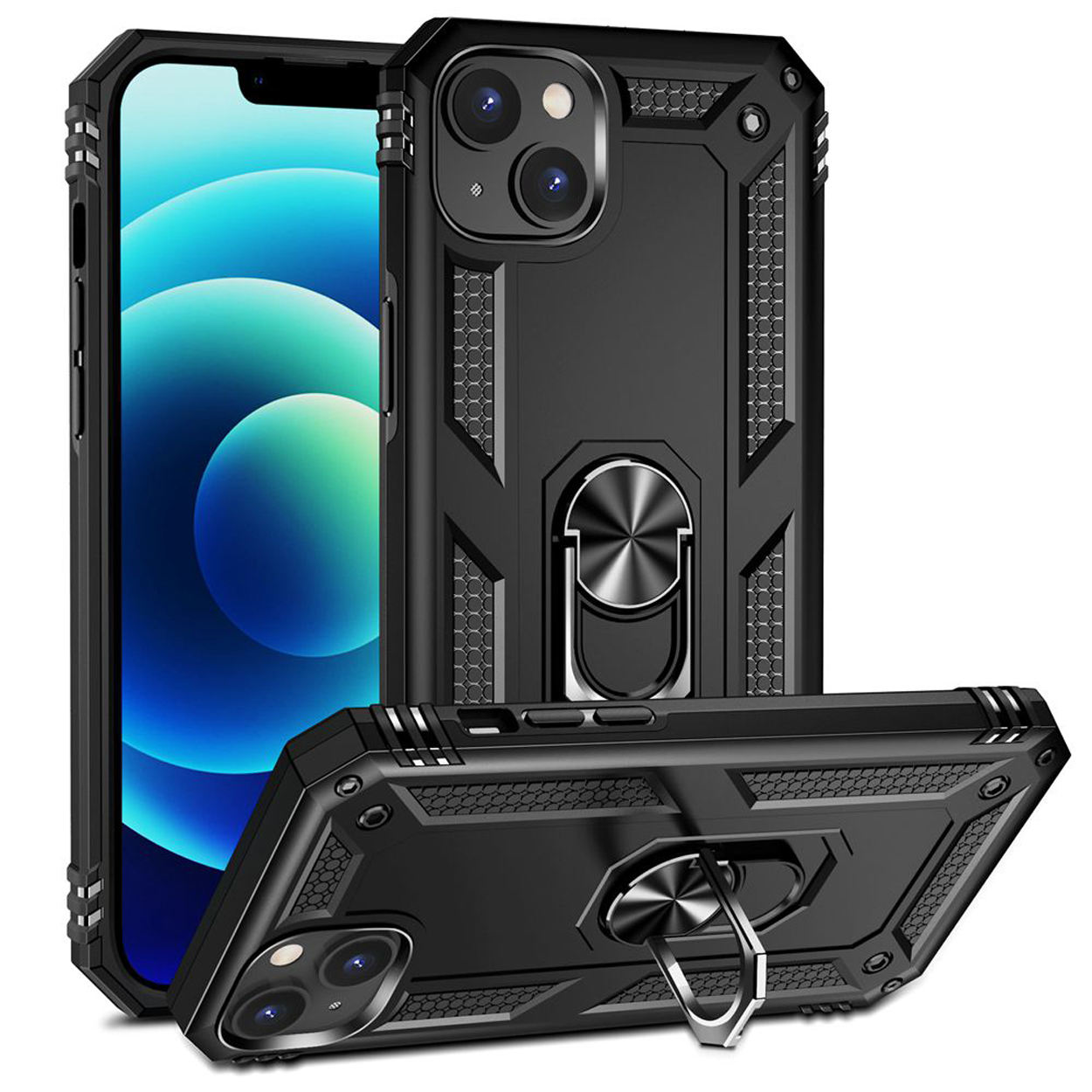 Coques de téléphone noires avec support d'anneau. Téléphones avec coques sur fond blanc.