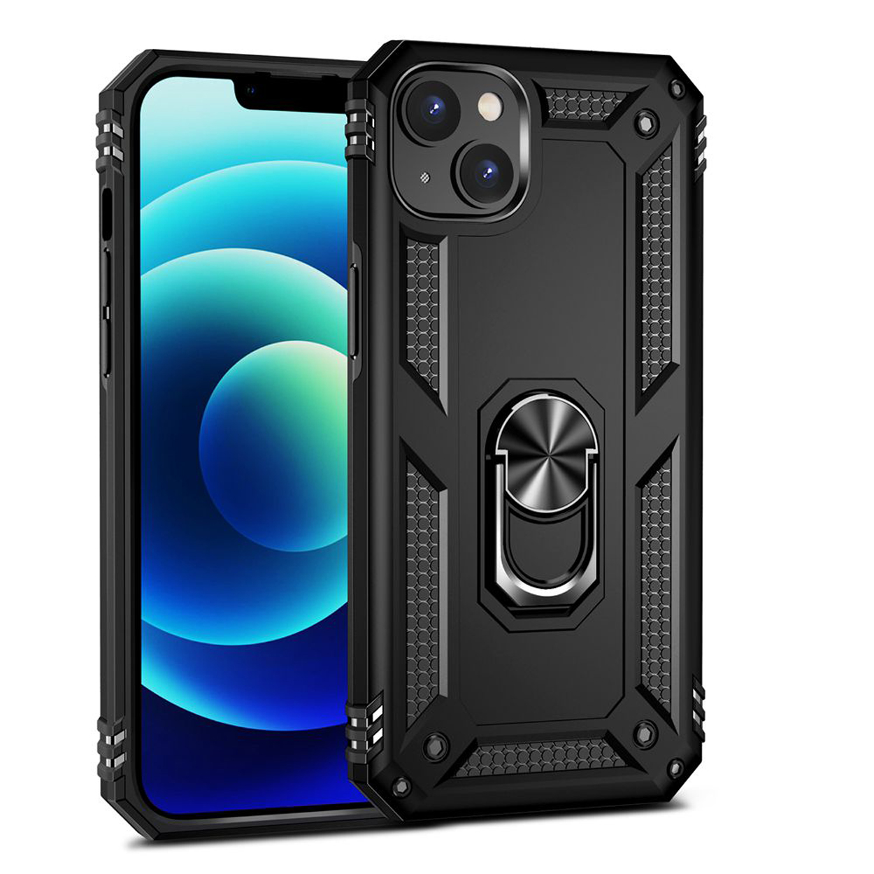 Coque de téléphone noire avec support annulaire, sur fond blanc. Un téléphone est visible.