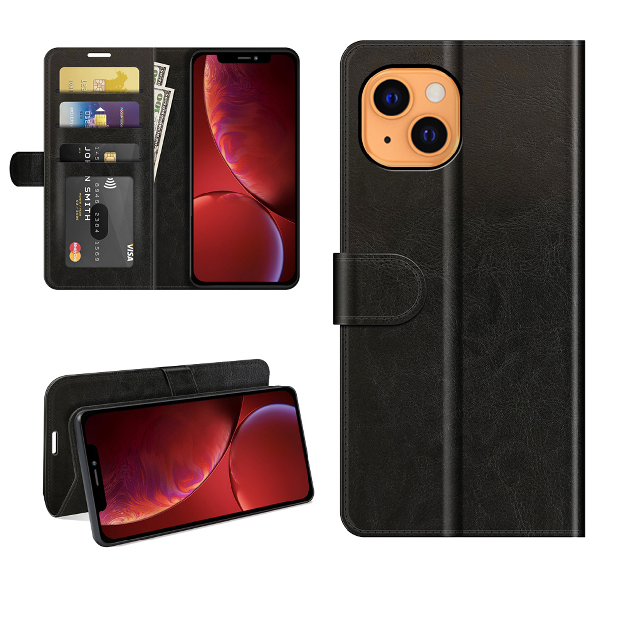 Meerdere afbeeldingen van een telefoonhoesje, met kaarten en geld in sleuven, en het telefoonscherm is rood en zichtbaar.