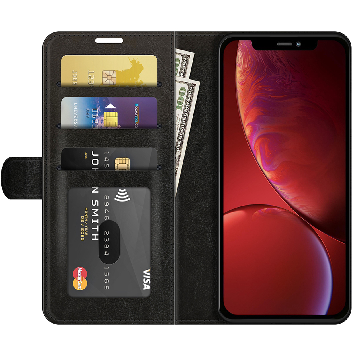 Zwarte telefoonhoes-portemonnee open, met kaarten, geld en een rood telefoonscherm.