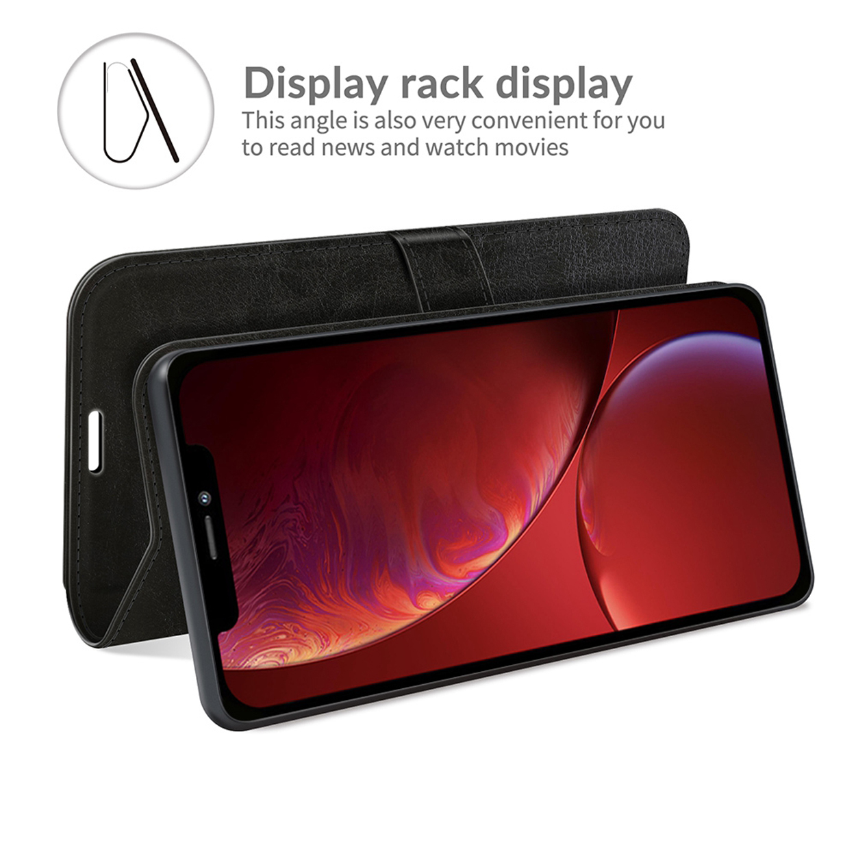 Zwarte telefoonhoes met een telefoon en tekst over display rack display.