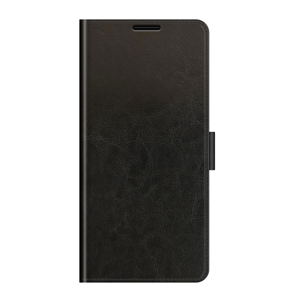 Zwarte leren telefoonhoes, gesloten. Het is een hoes in folio-stijl met een magnetische sluiting.