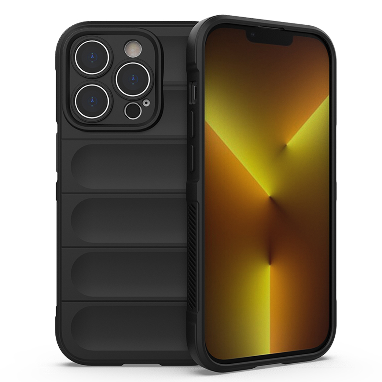 Étui de téléphone noir, avec un dos texturé et une découpe pour l'appareil photo, avec un téléphone à l'intérieur.