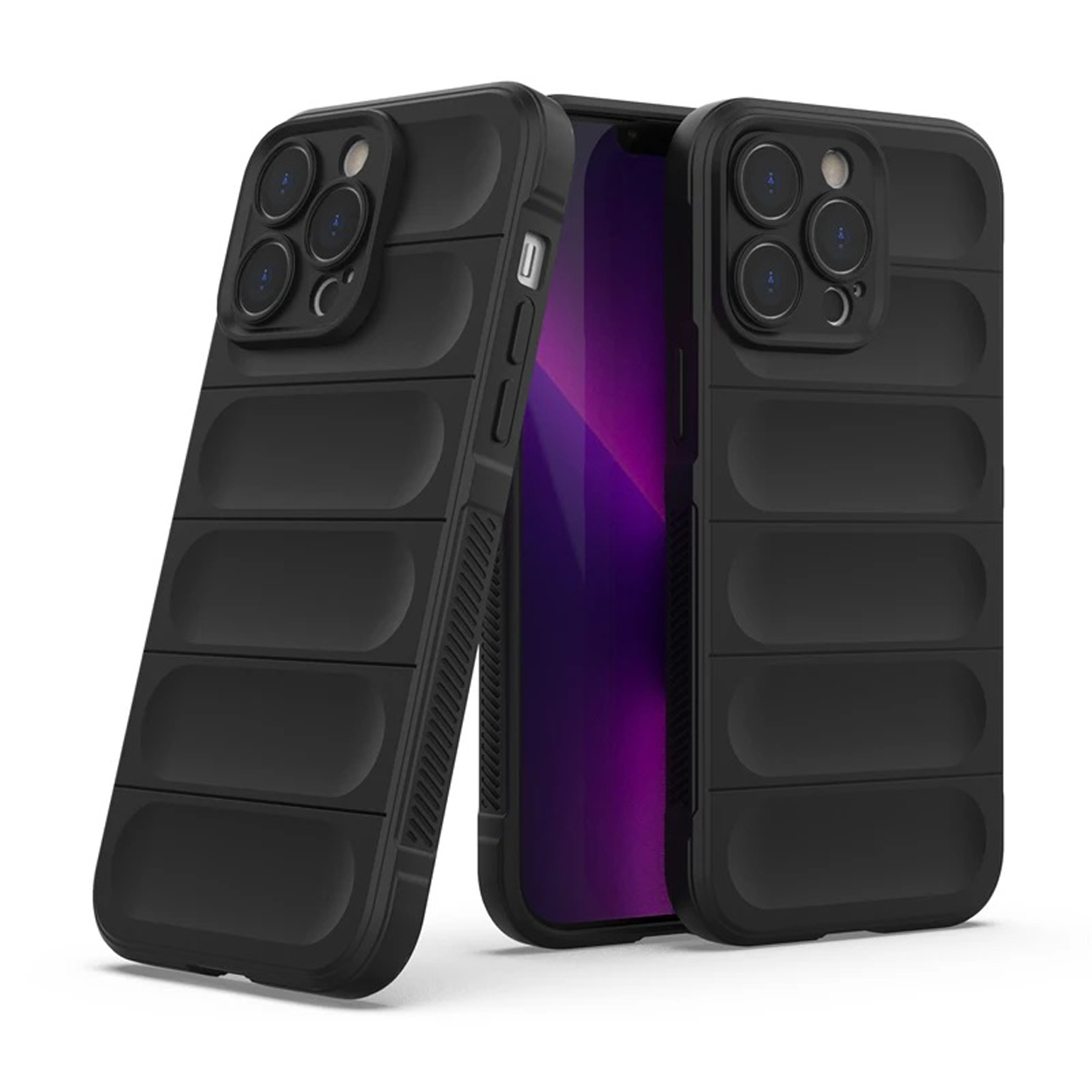 Coques de téléphone noires avec un design texturé, protégeant le téléphone à l'intérieur.