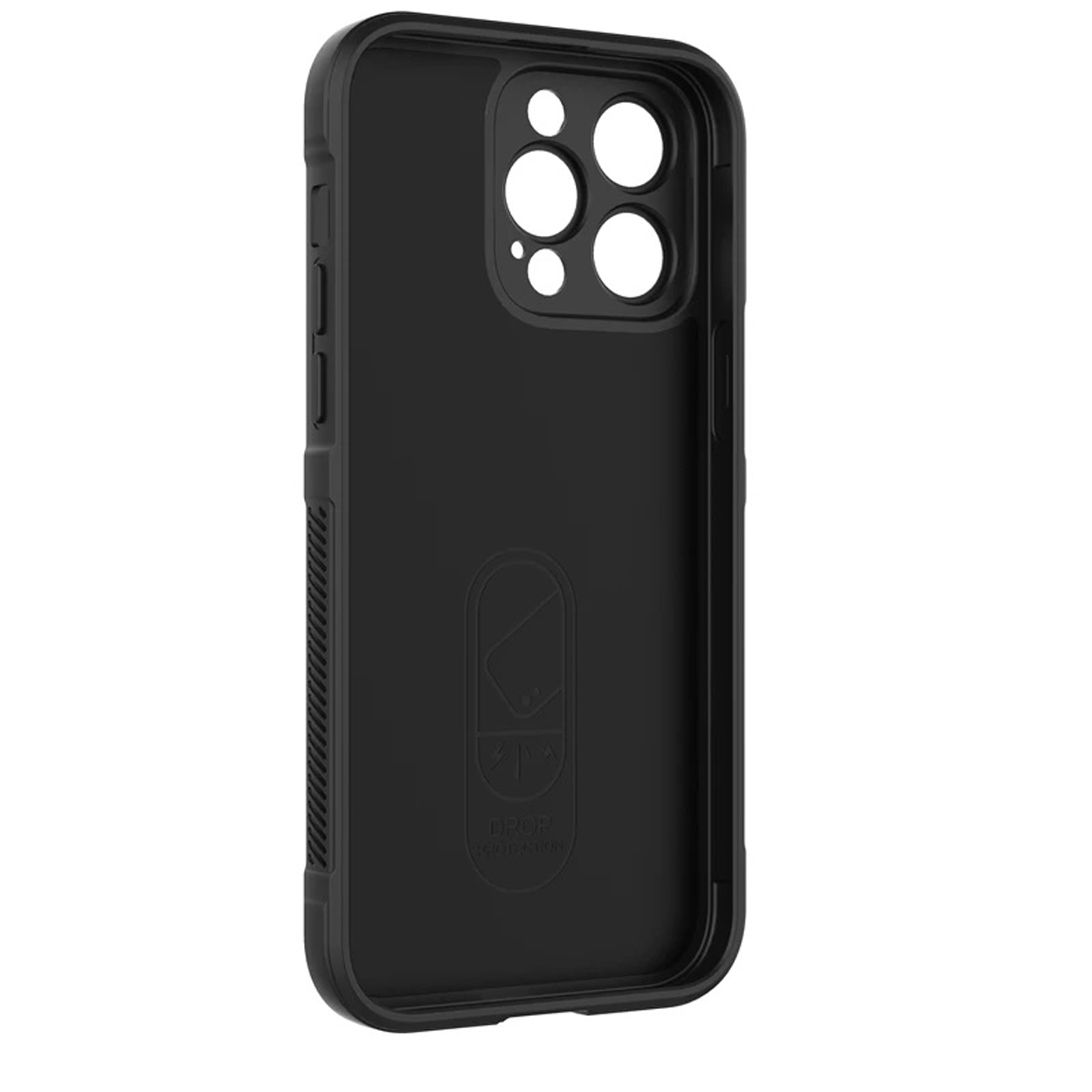Coque de téléphone noire, avec les trous de la caméra du téléphone et les boutons latéraux visibles.