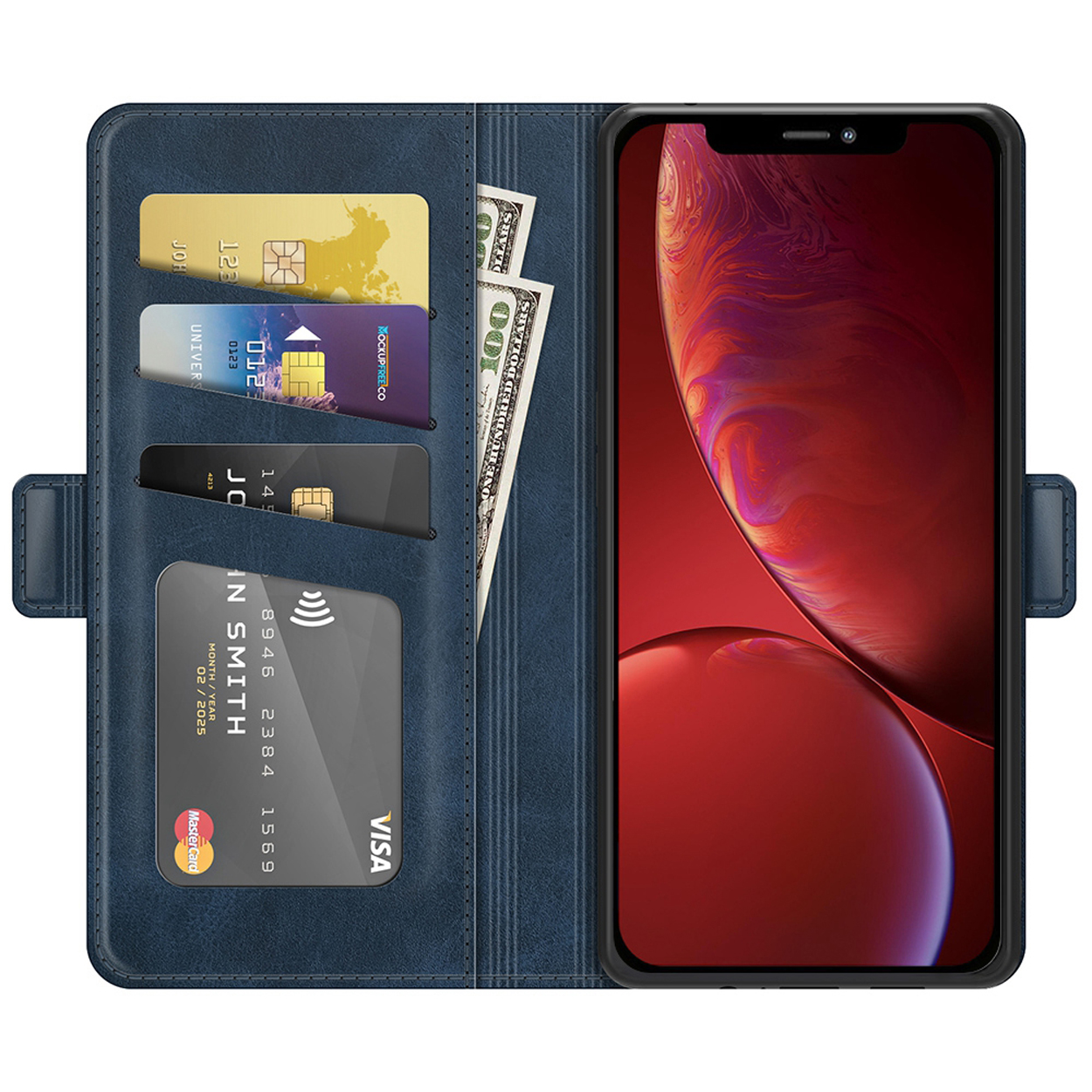 Blauwe leren telefoonportemonnee, met creditcards en contant geld, met een rode iPhone met een donker scherm.