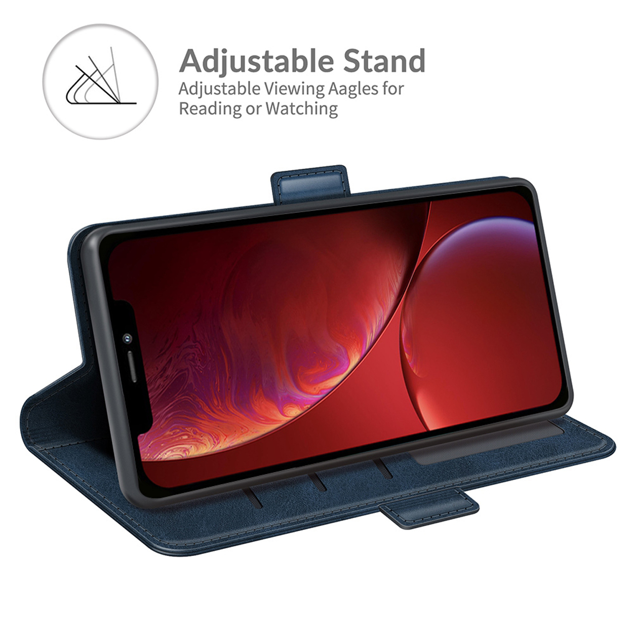 Blauwe telefoonhoes met een standfunctie. Het telefoonscherm toont een rode kleur. De standaard is verstelbaar om te lezen of te kijken.