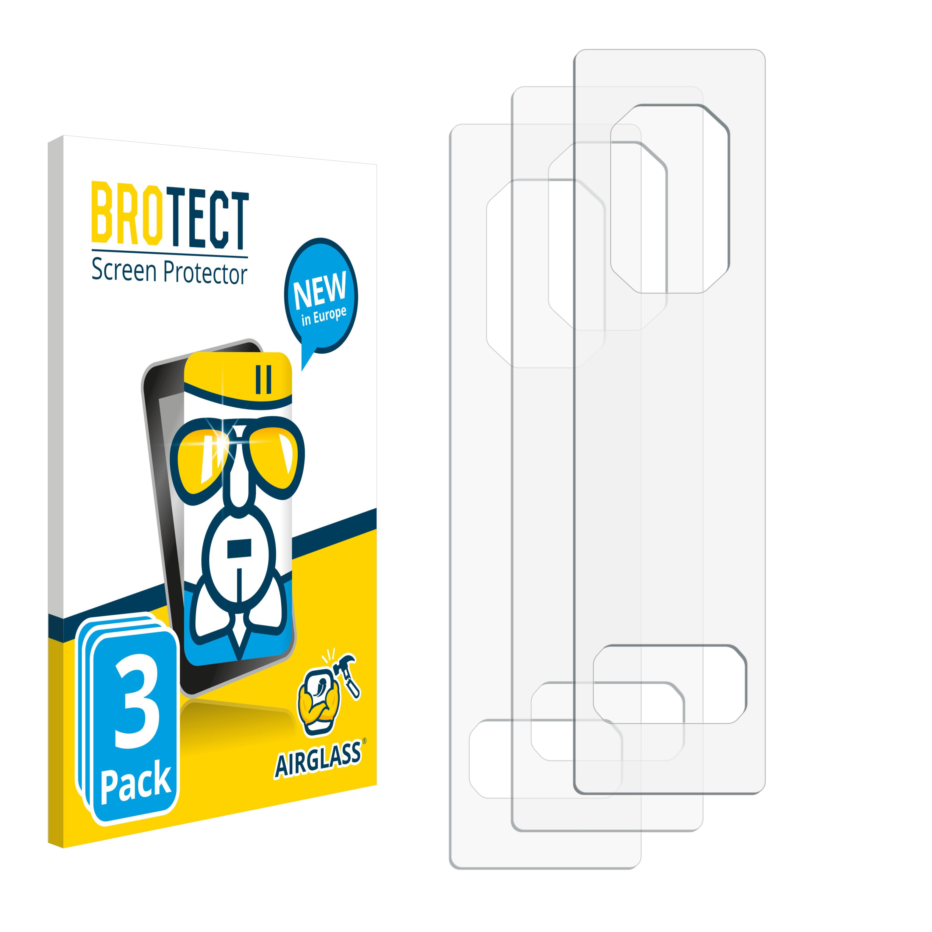 Weiße und blaue Handyschutzfolienbox und drei Schutzfolien. Text: BROTECT Screen Protector, AIRGLASS.