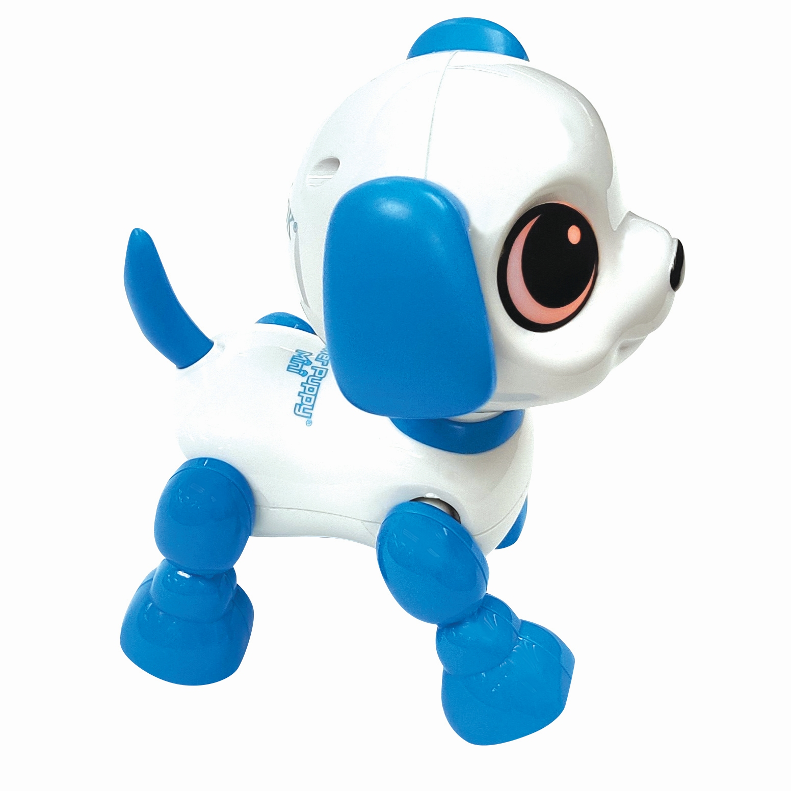 Juguete de cachorro blanco y azul. El juguete tiene ojos negros grandes, orejas azules y patas azules.
