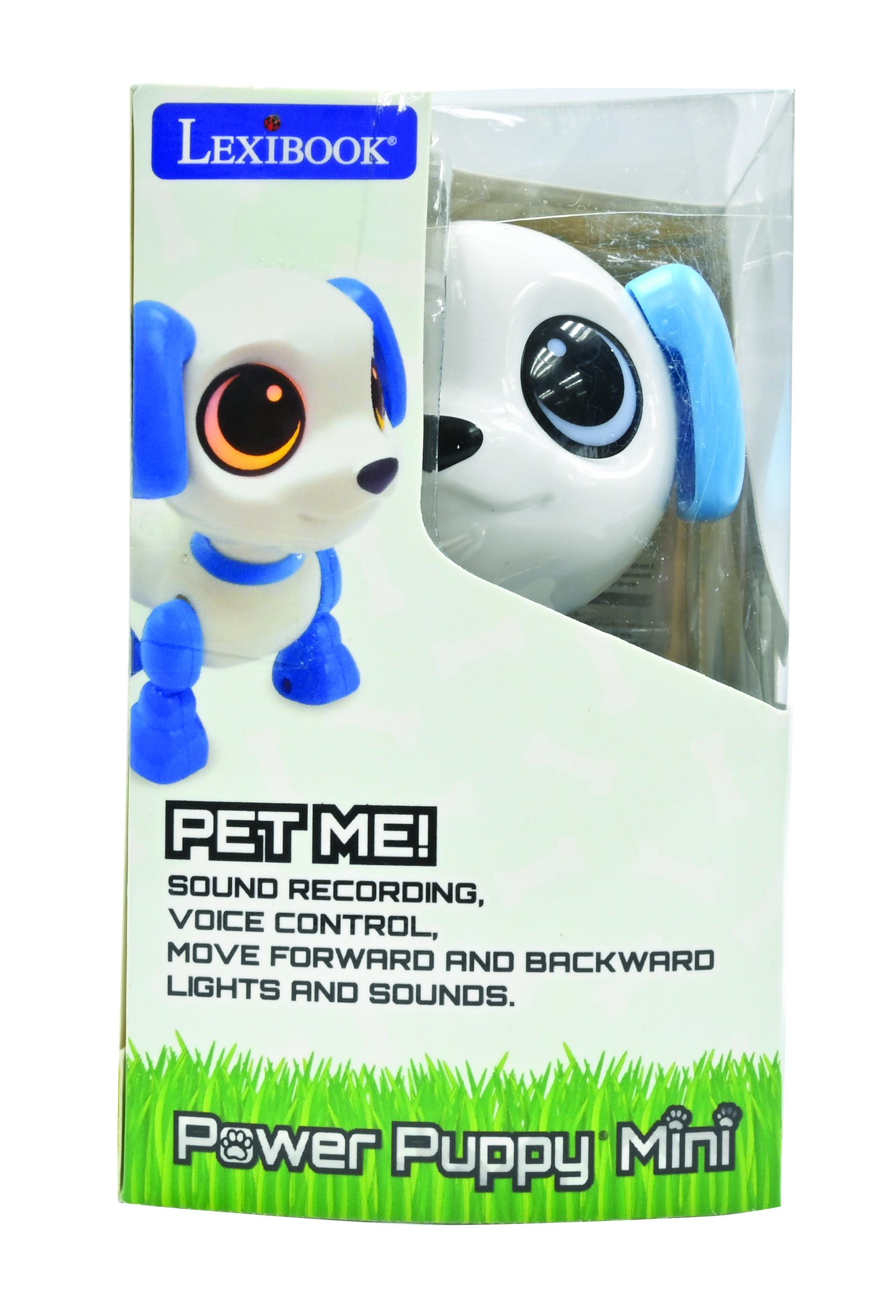 La caja del juguete Power Puppy Mini. Muestra un cachorro de juguete blanco y azul. El texto en la caja dice 'Pet Me!'