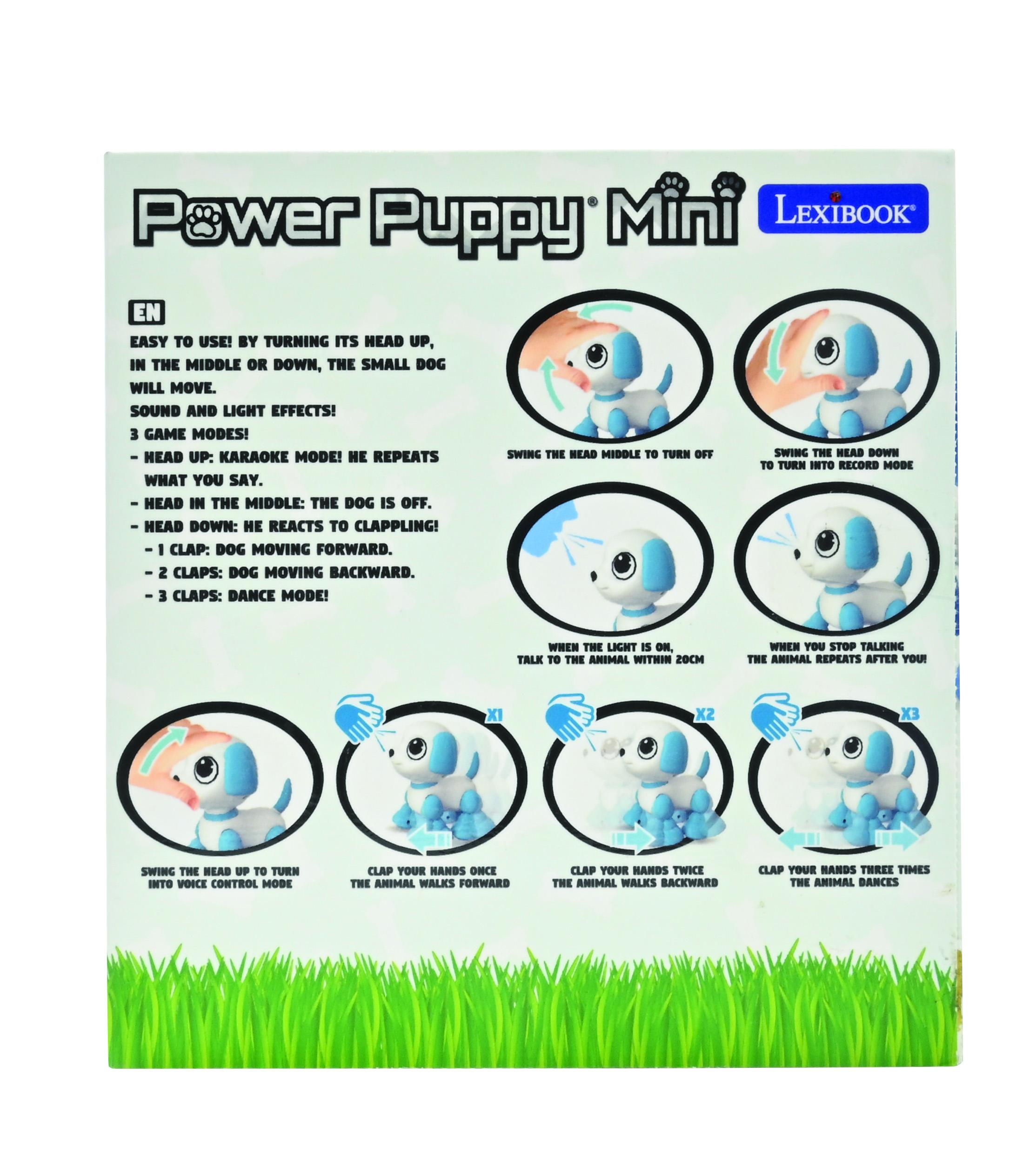 Instrucciones para el juguete Power Puppy Mini. Muestra cómo encender/apagar el juguete y los diferentes modos de juego.