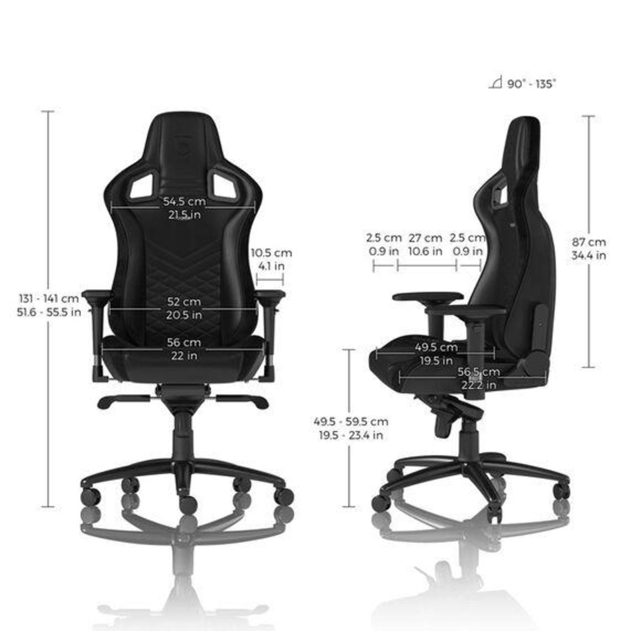 Gaming-Stuhl mit angezeigten Abmessungen. Zwei Ansichten mit Stuhlabmessungen in Zoll und cm.