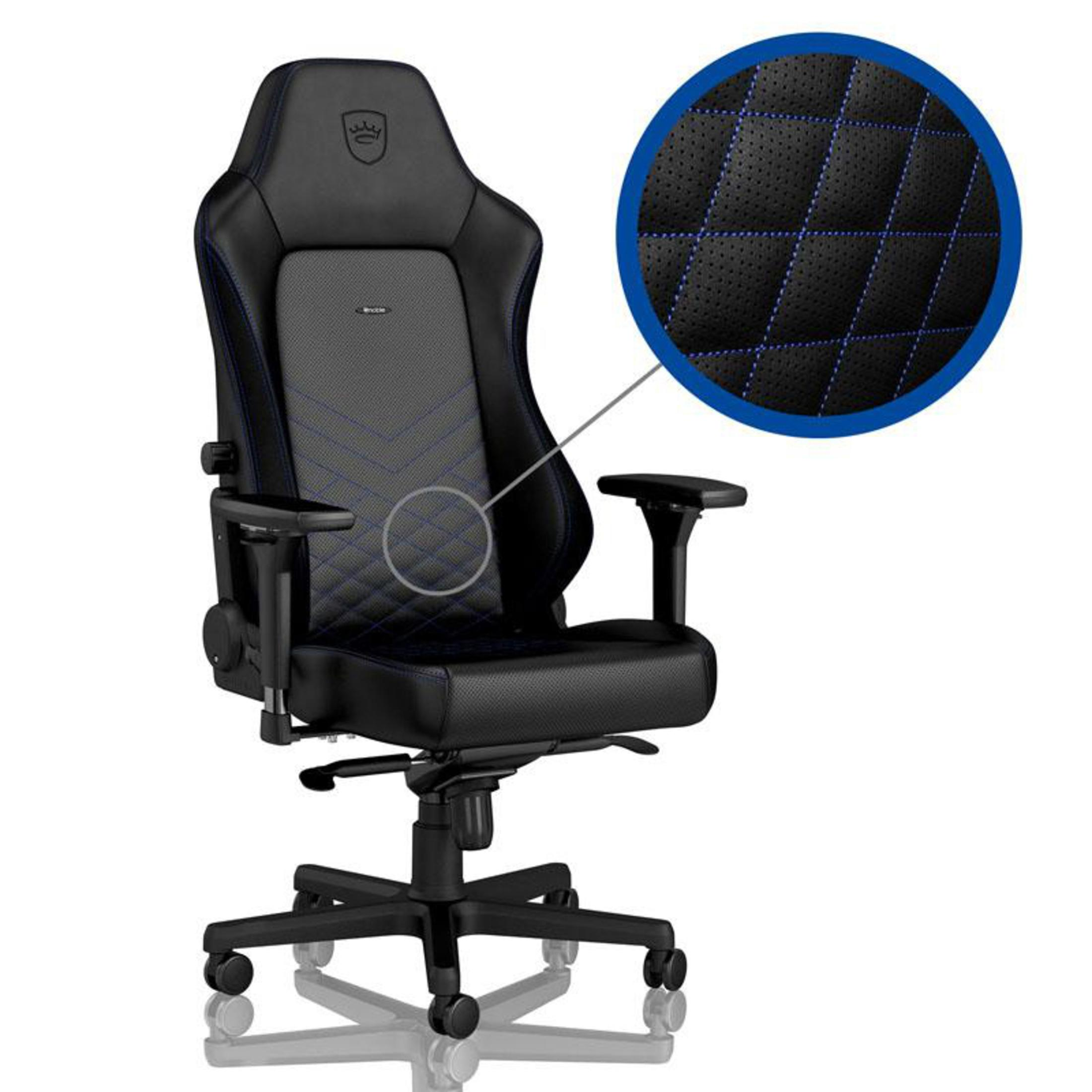 Schwarz-blauer Gaming-Stuhl mit blauen Nähten und Kreisdetail.