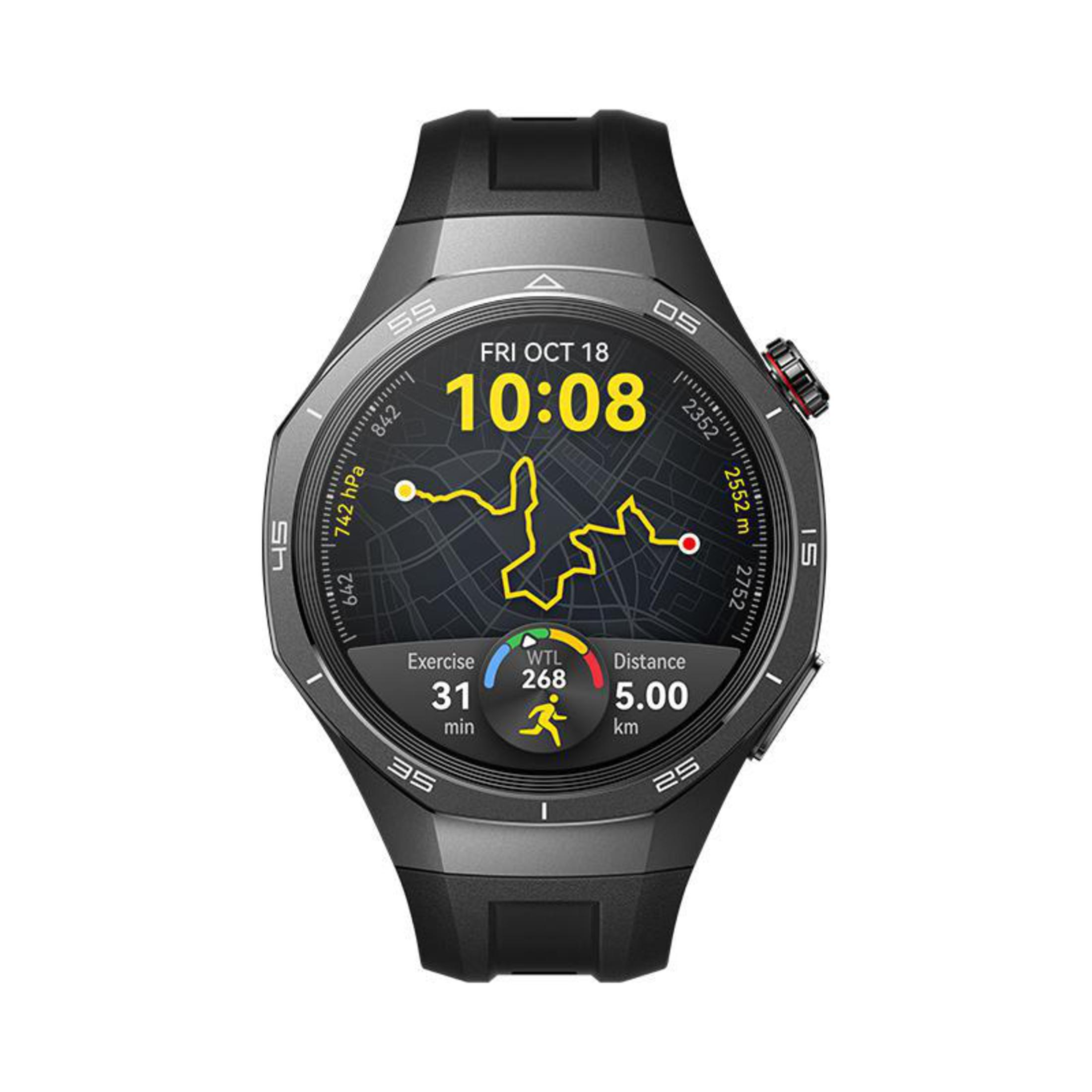 Eine schwarz-graue Smartwatch mit der Uhrzeit 10:08, mit Trainings- und Distanzdaten auf dem Bildschirm.