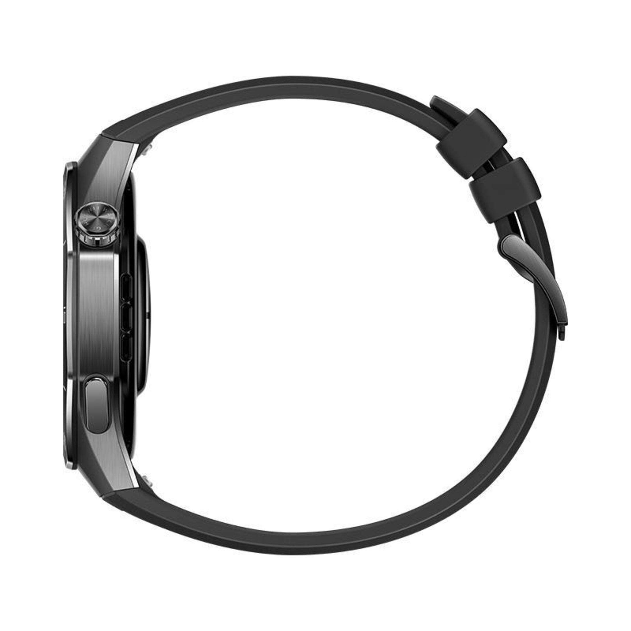 Seitenansicht einer Smartwatch mit schwarzem Armband, zeigt das Zifferblatt.