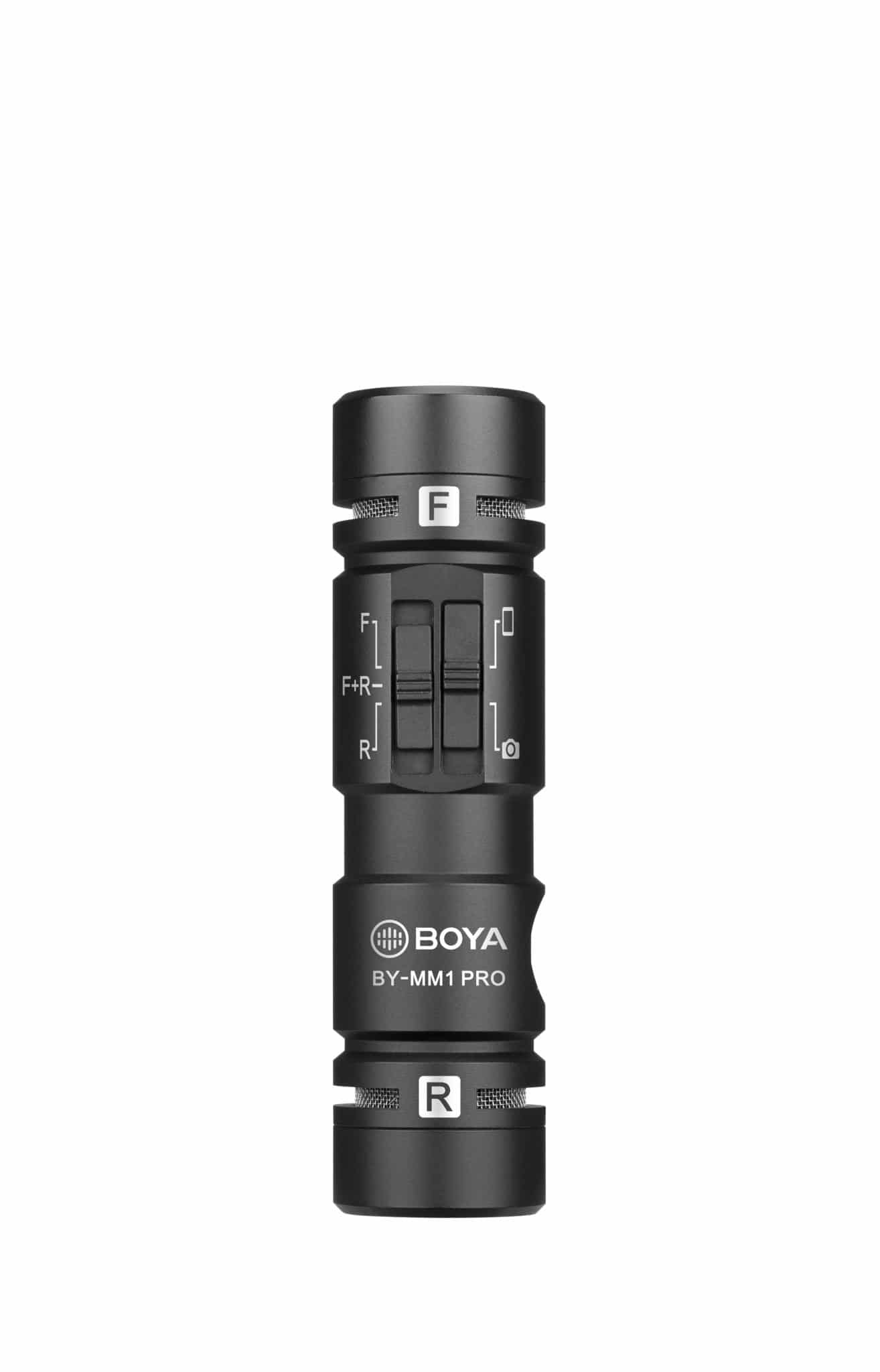 Schwarzes Mikrofon mit Einstellungen. Es trägt den Text 'BOYA BY-MM1 PRO'.