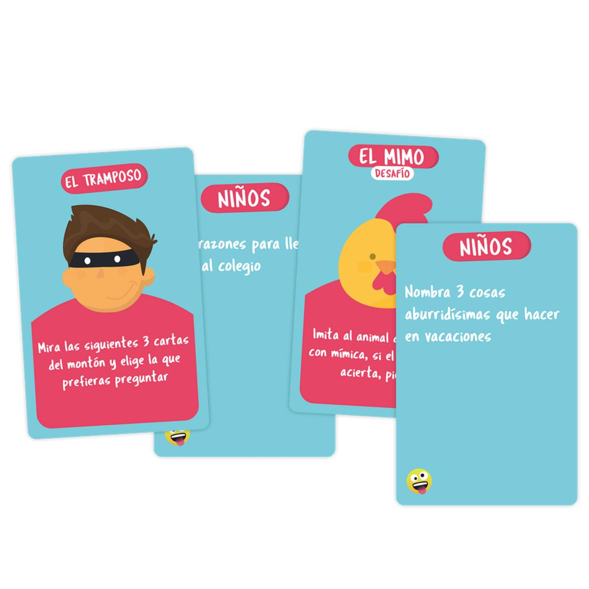 Juego de cartas con un dibujo de un ladrón, un niño y un gallo. Todas las cartas tienen texto.