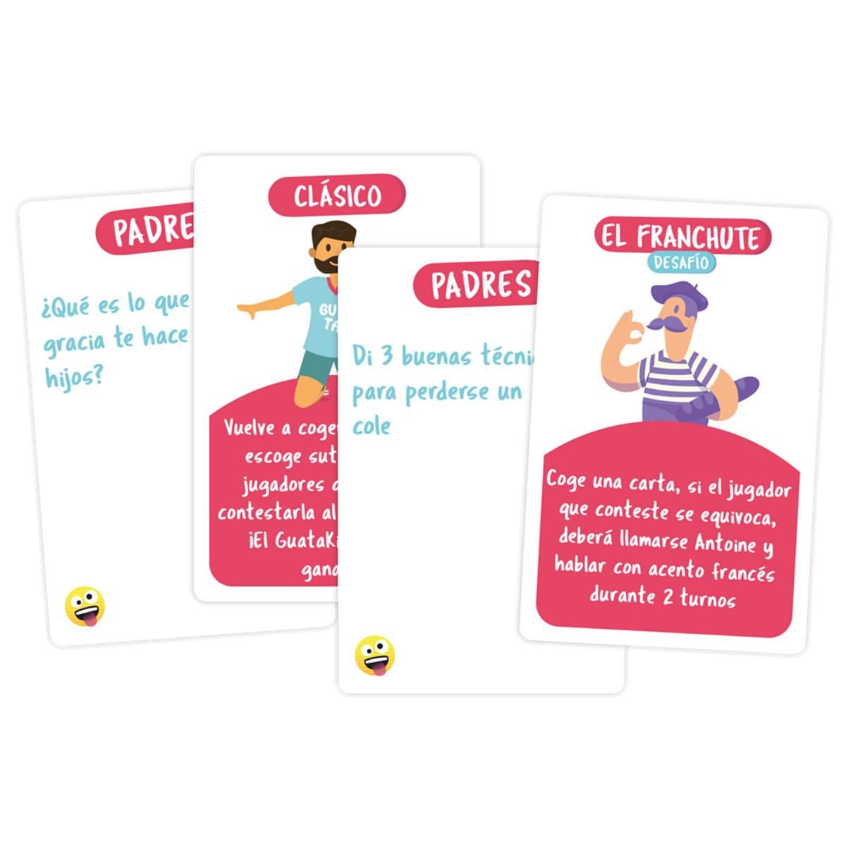Cuatro cartas de juego con texto en español. Presentan ilustraciones y texto.