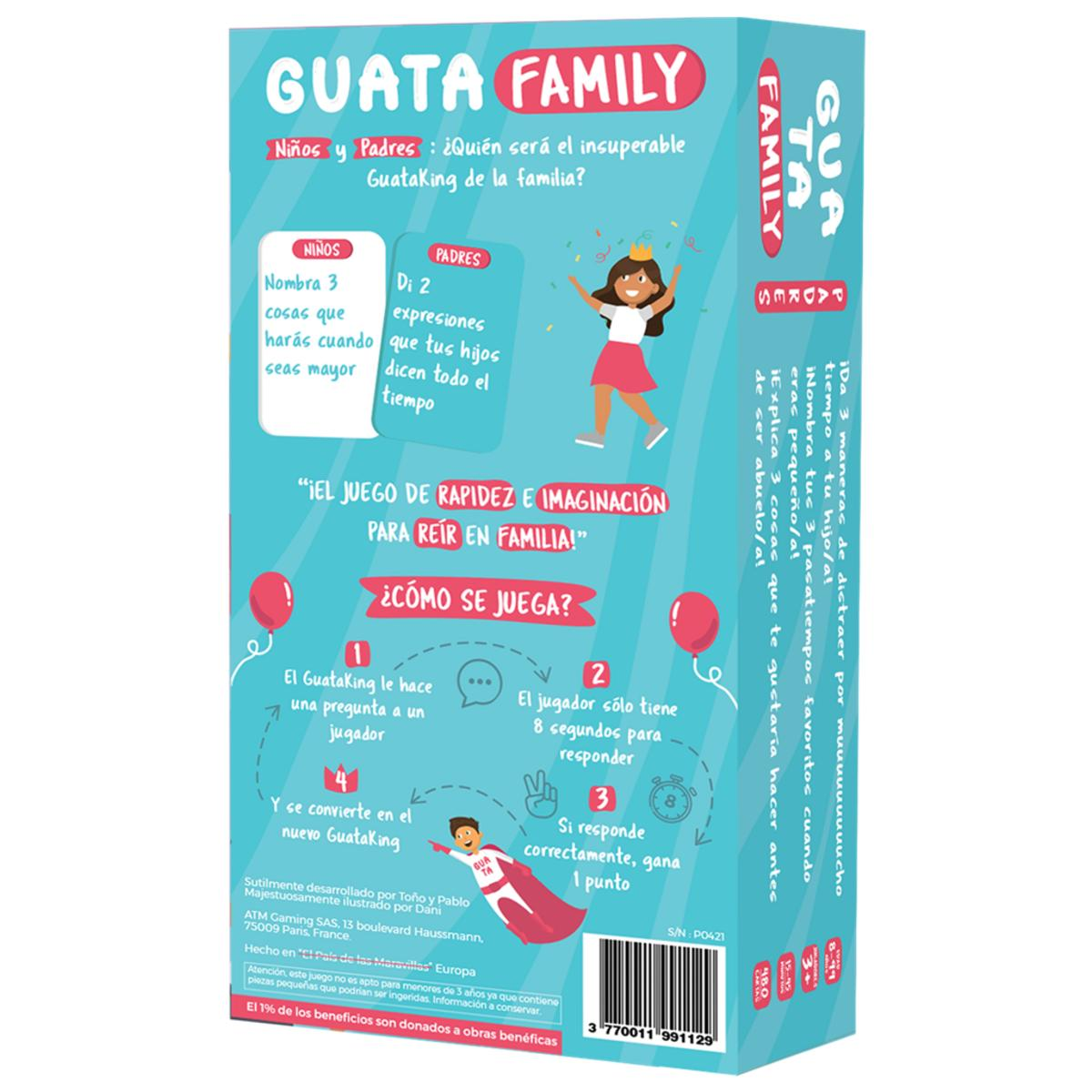 Caja con instrucciones del juego en español para el juego Guata Family, fondo blanco.