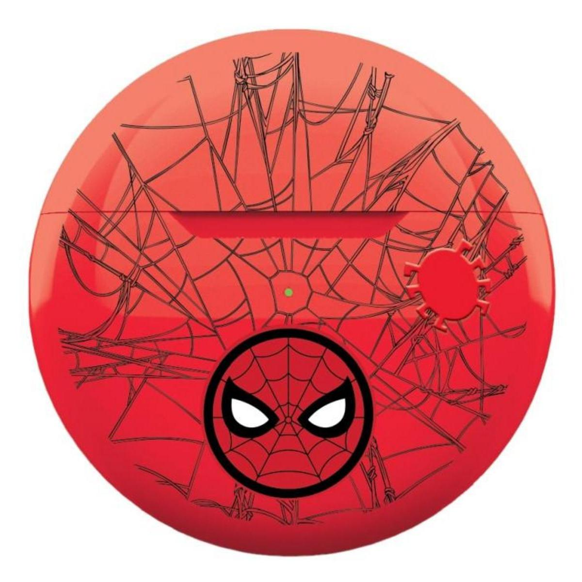 Un estuche AirPods rojo temático de Spider-Man con diseño de telaraña y logo de Spider-Man.