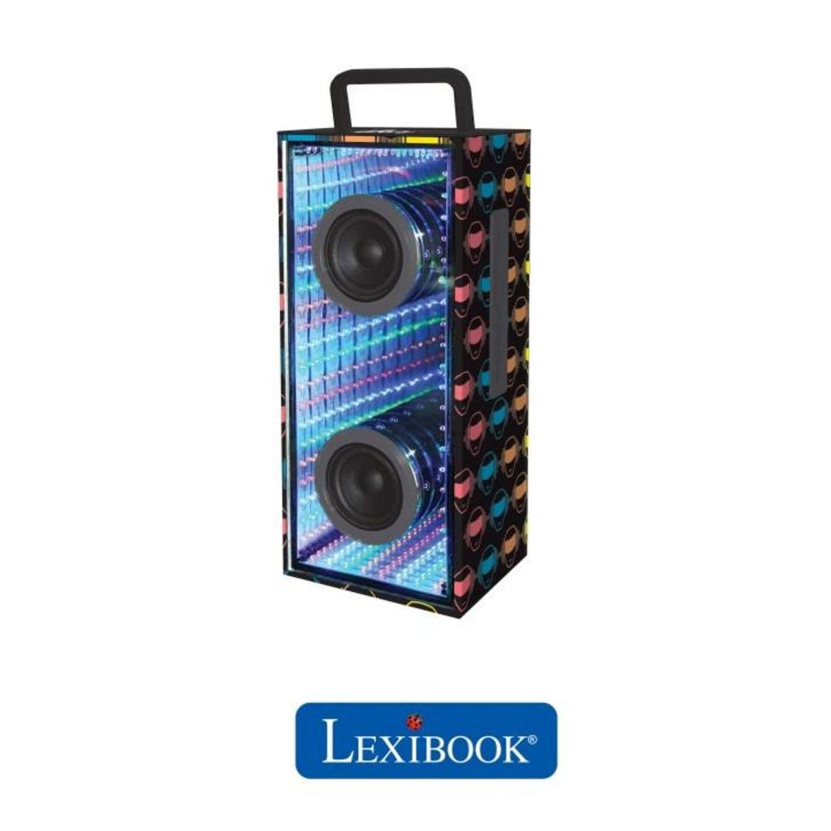 Un altavoz negro y azul con dos altavoces, con el logotipo de Lexibook en la parte inferior.