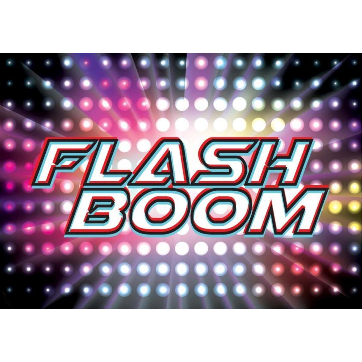 Fondo colorido con el texto 'FLASH BOOM' en rojo y azul.