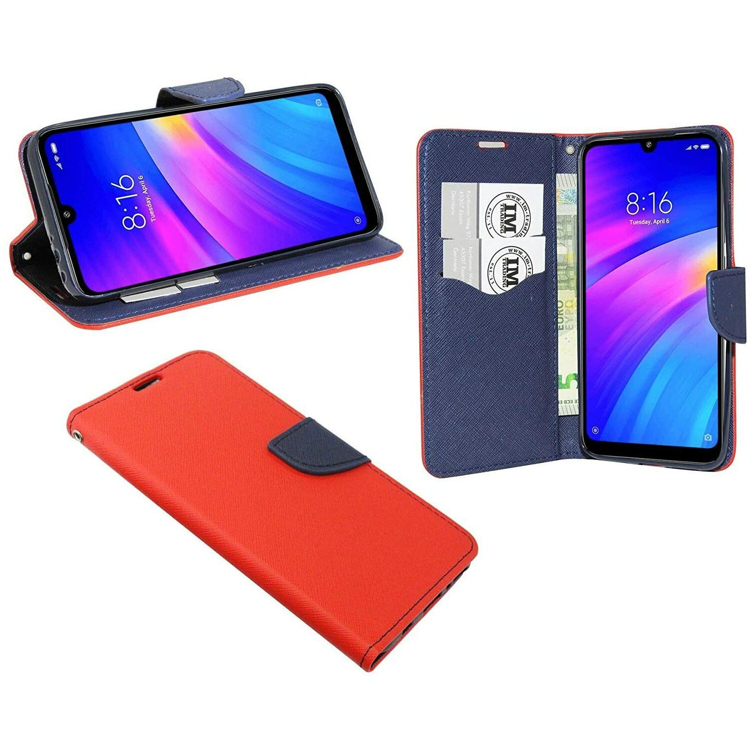 Eine rote Handytasche mit marineblauem Akzent. Sie ist offen, und drei Telefone sind darin zu sehen.
