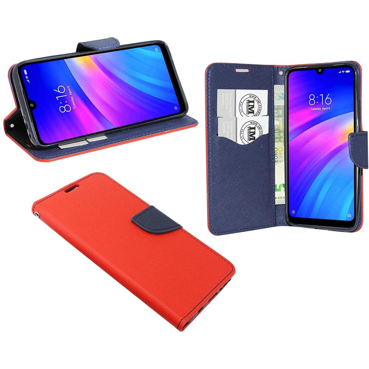 Rote und blaue Handyhülle, mit geöffnetem und geschlossenem Telefon. Weißer Hintergrund, Geld sichtbar.