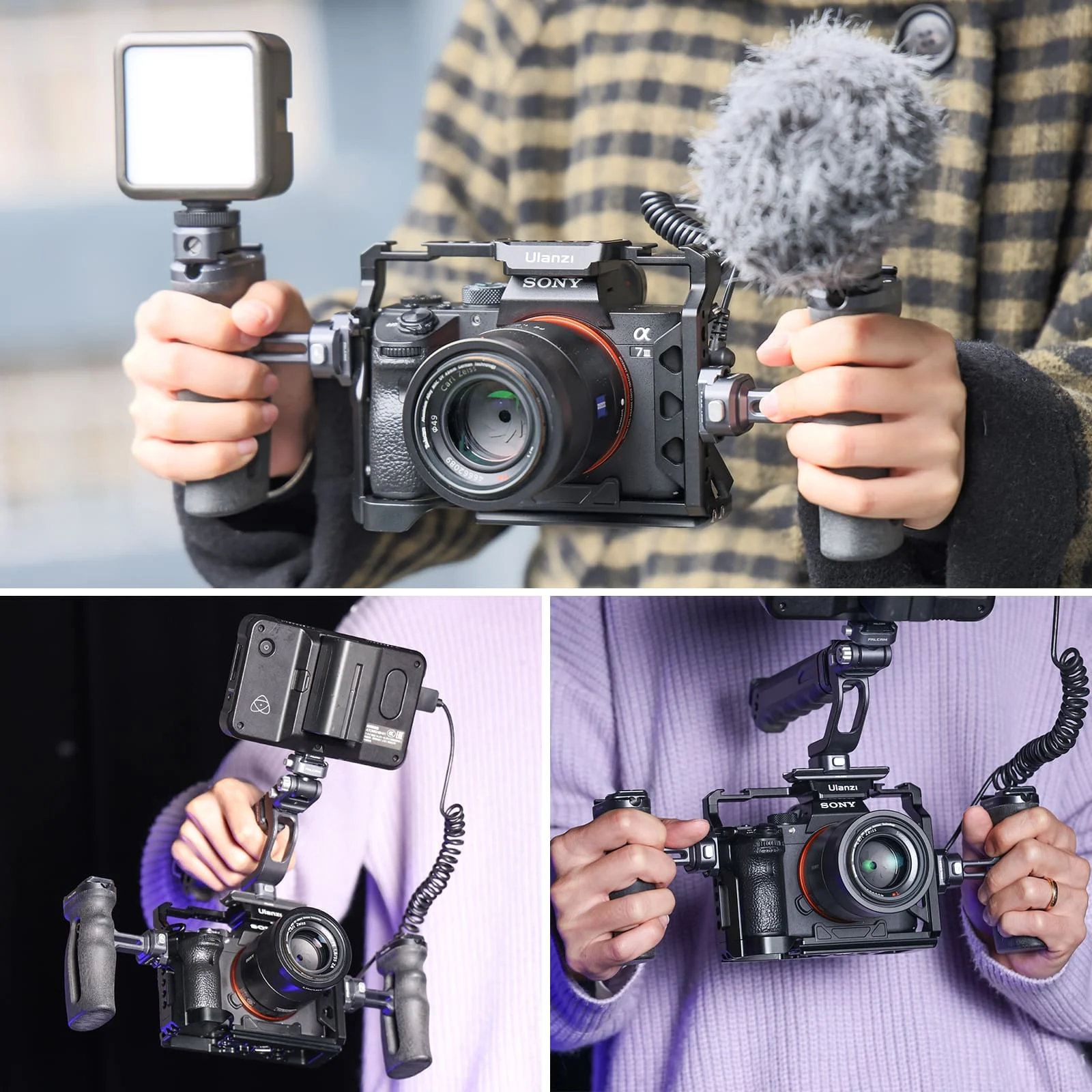 Een persoon houdt een camera vast met een microfoon en licht, plus twee close-ups van dezelfde setup.