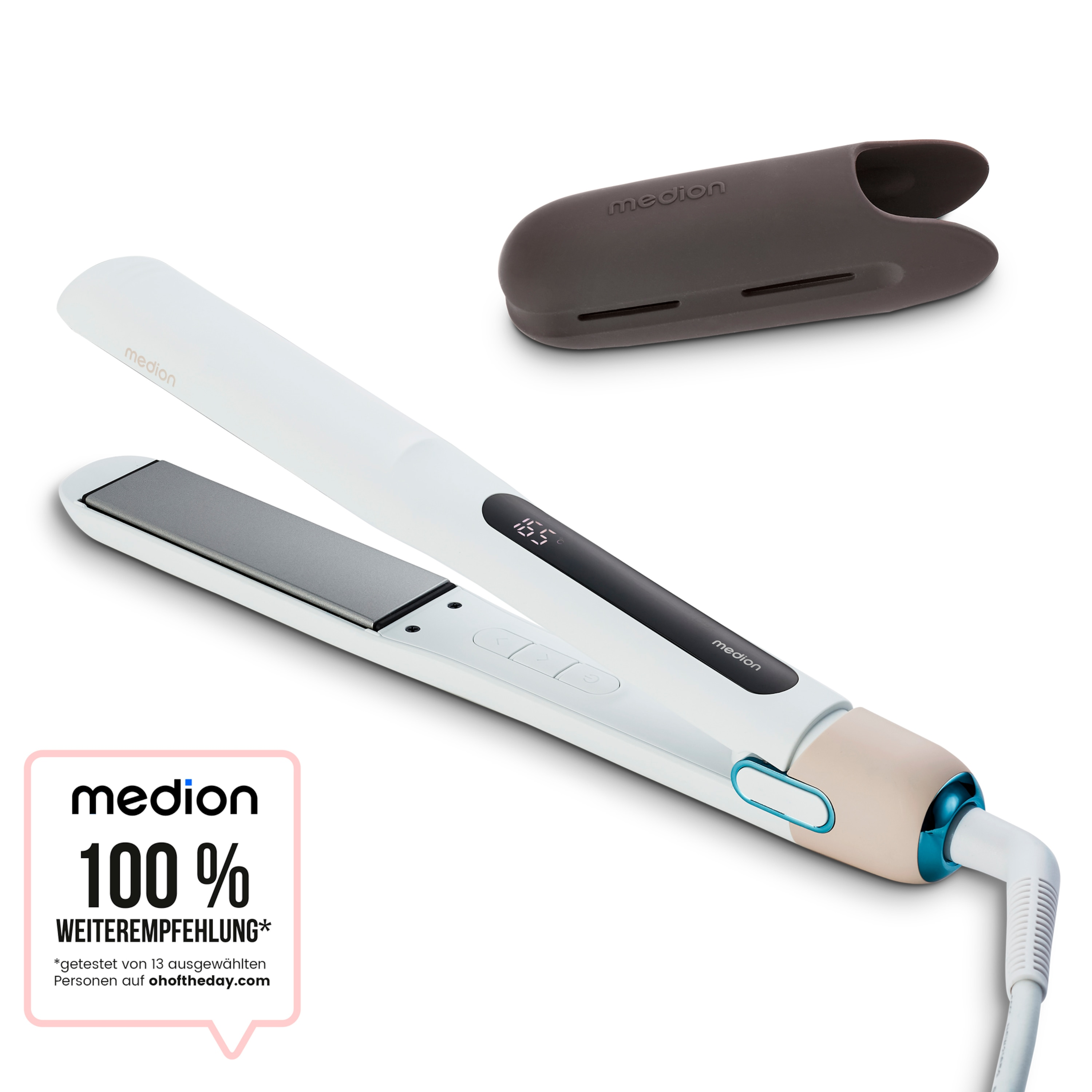 Biała prostownica do włosów z czarno-beżowym uchwytem i pokrowcem ochronnym, ze znakiem promocyjnym.