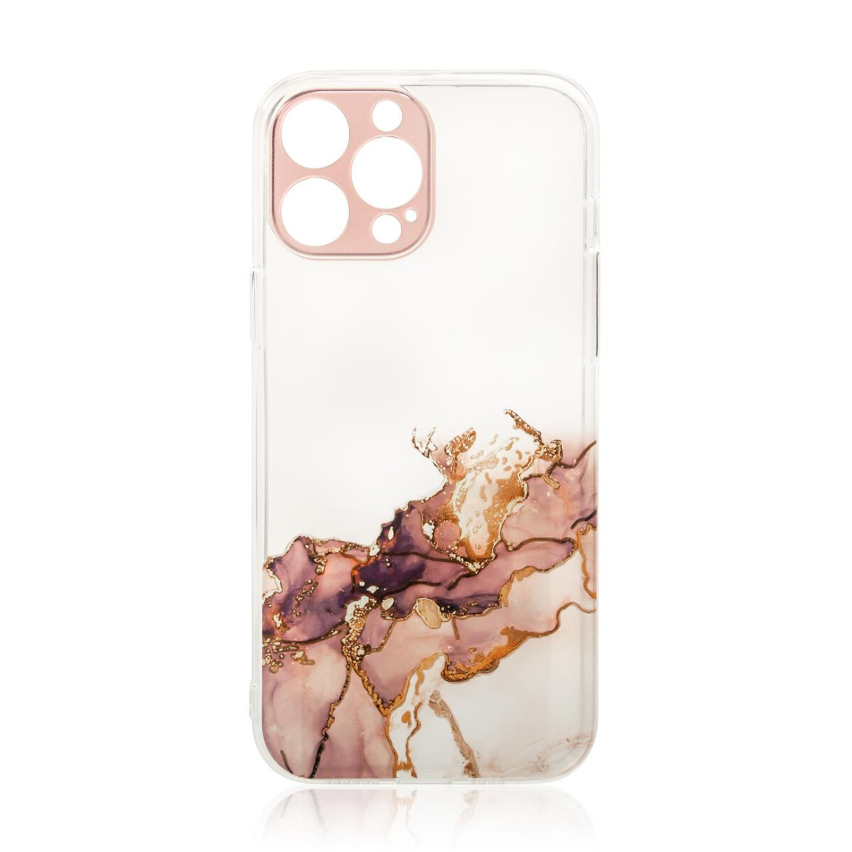 Eine transparente Handyhülle mit einem rosa-goldenen Marmordesign. Der Hintergrund ist weiß.