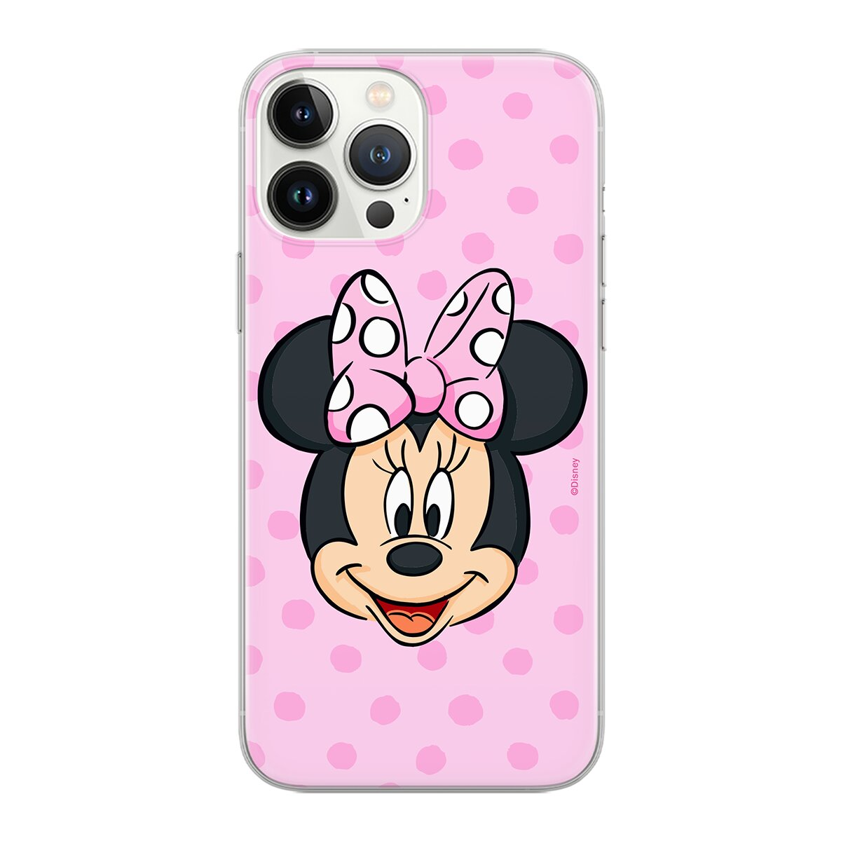 Custodia per telefono Minnie Mouse a pois rosa, con il volto del personaggio. Sfondo bianco.