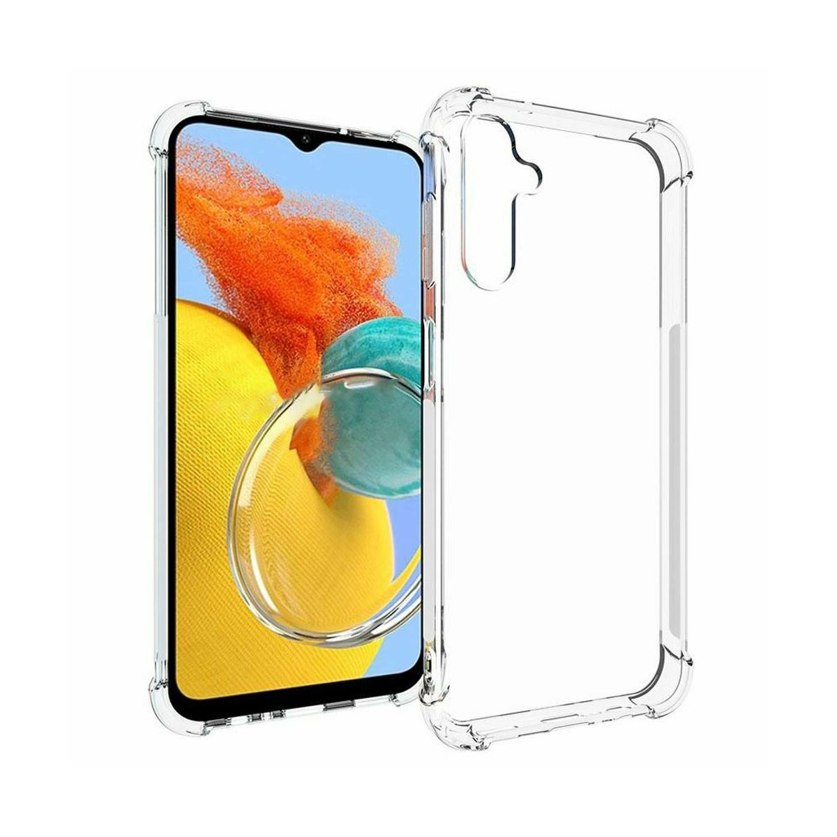 Una custodia trasparente con un telefono con schermo blu all'interno. Ha uno sfondo giallo.