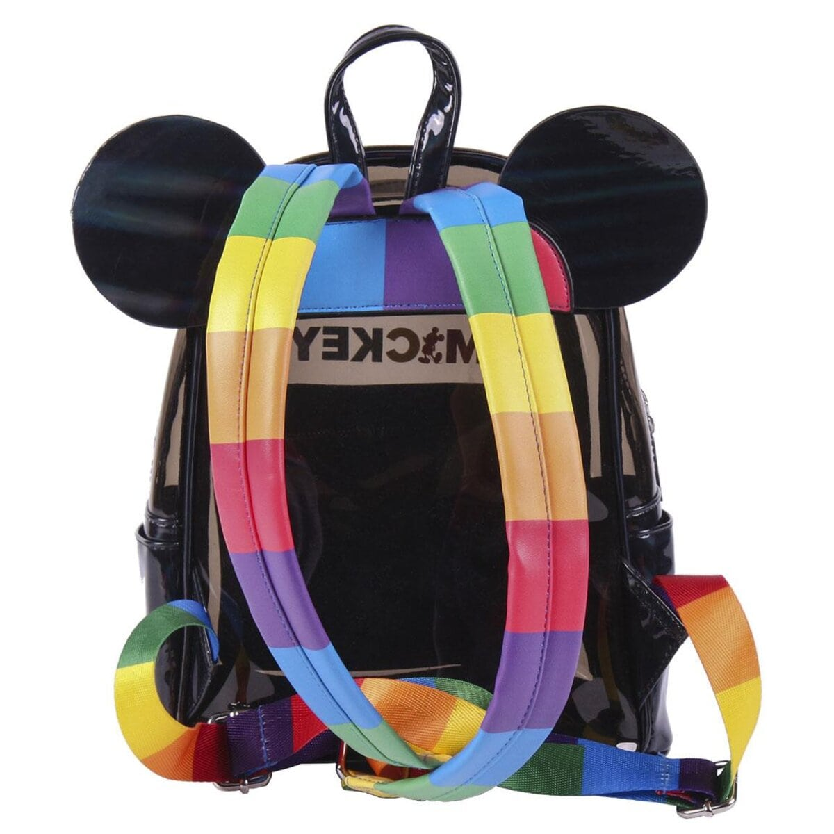 Parte trasera de una mochila negra transparente de Mickey Mouse. Correas arcoíris y orejas de Mickey Mouse visibles.
