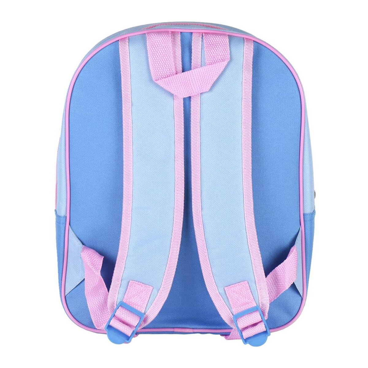 Parte trasera de una mochila azul con correas rosas. Dos correas rosas están cosidas a la mochila azul. Hebillas azules visibles.