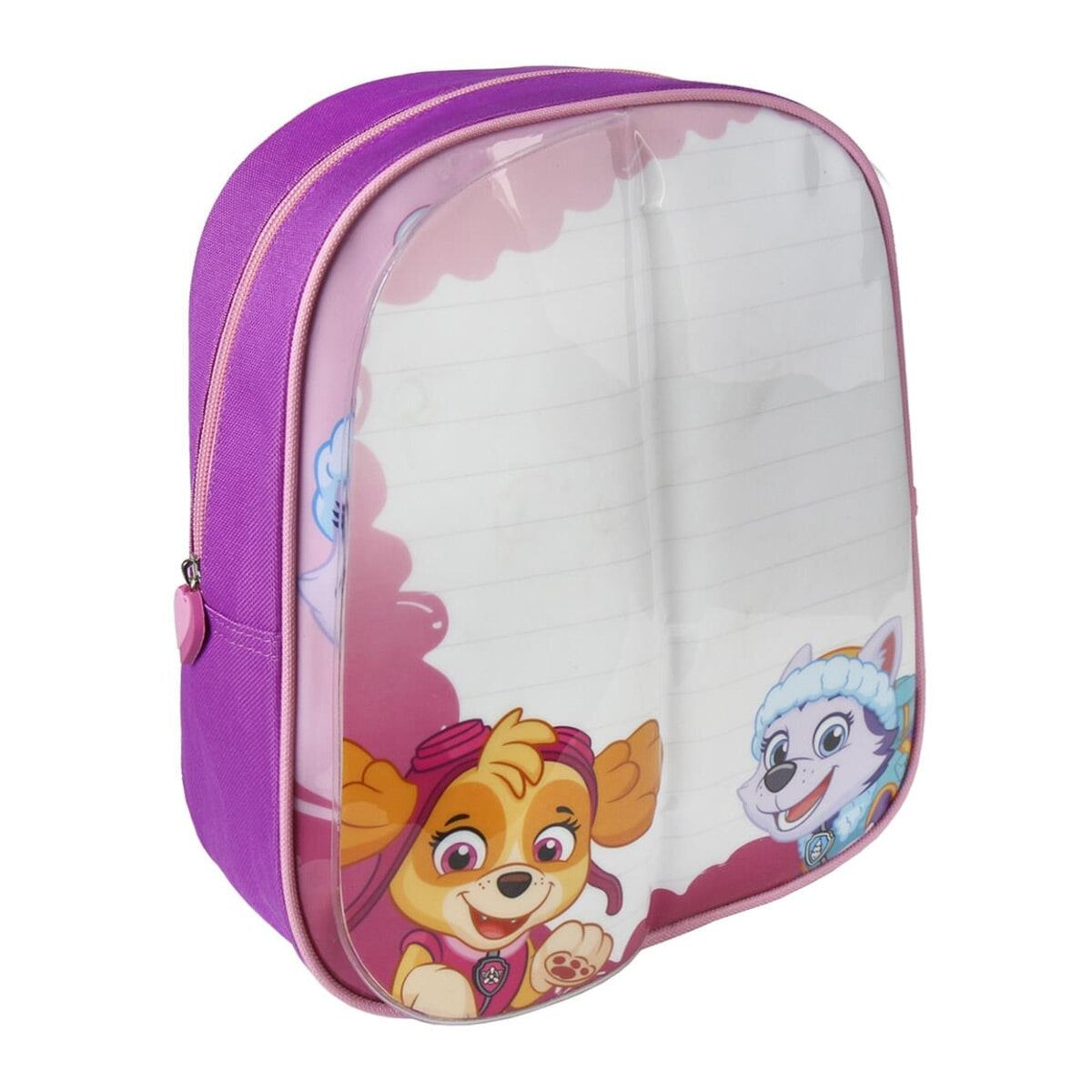 Mochila morada de la Patrulla Canina con ilustraciones de Skye y Everest. Cuenta con un bolsillo frontal transparente, ribete rosa y cremallera en forma de corazón.