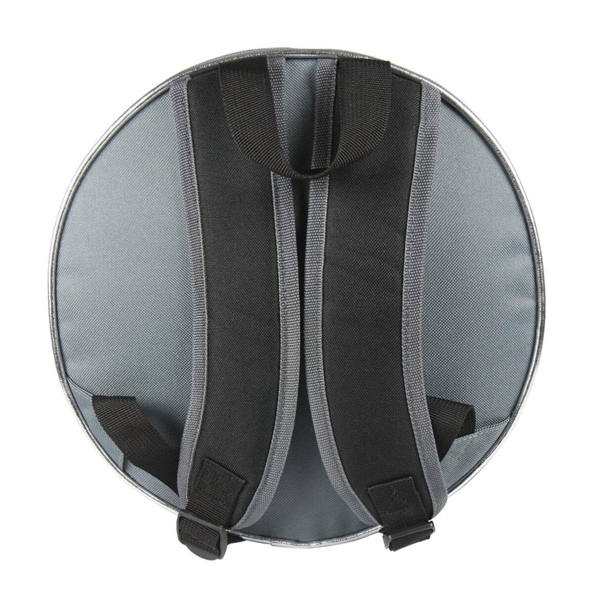 Parte trasera de una mochila de la Estrella de la Muerte. Gris y negro con ribete plateado. Las correas son grises y negras.