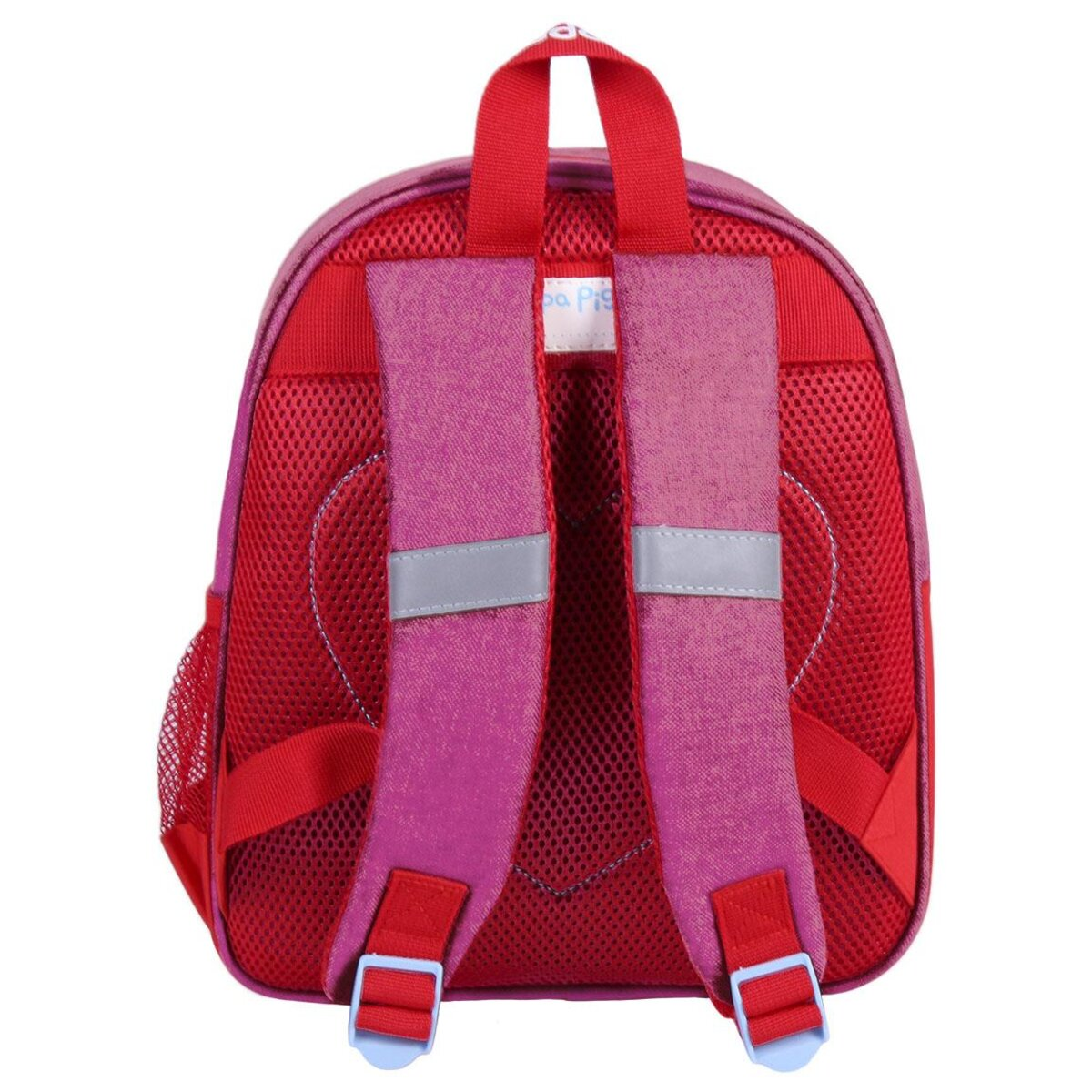 Vista trasera de una mochila roja y rosa de Peppa Pig. Correas y una espalda de malla.